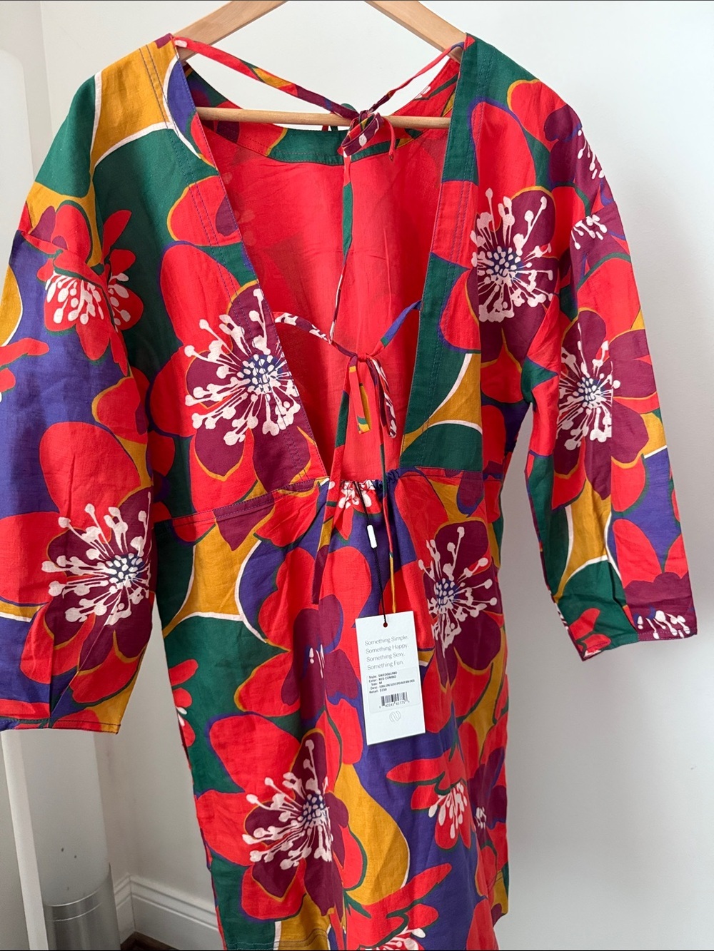 Revolve Something Navy Linen Blend Floral Open Back Mini Dress in Red Combo M